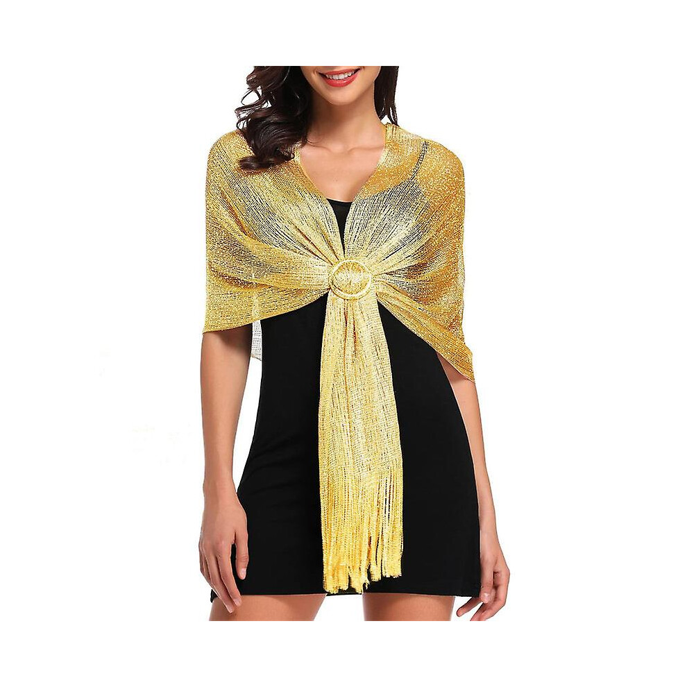 (YELLOW) Glamorous Metallic Shawls With Tassel Wraps And Round Buckle For Evening Parties