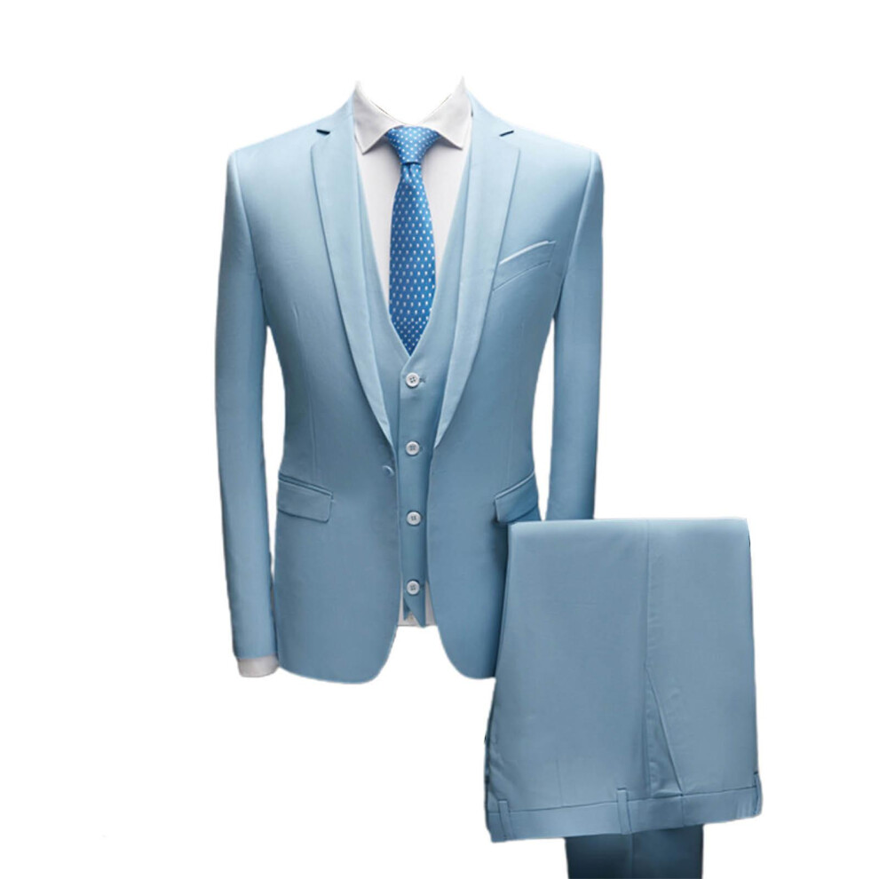 (Light Blue, M) 1 Set Blazer Vest Pants Set Solid Color Turndown Collar Single Breasted Slim Fit Formal Suit Banquet Prom