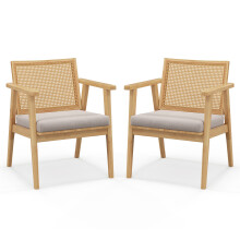 Set of 2 Rattan Accnet Chair Farmhouse Armchair W/ Upholstered Cushion