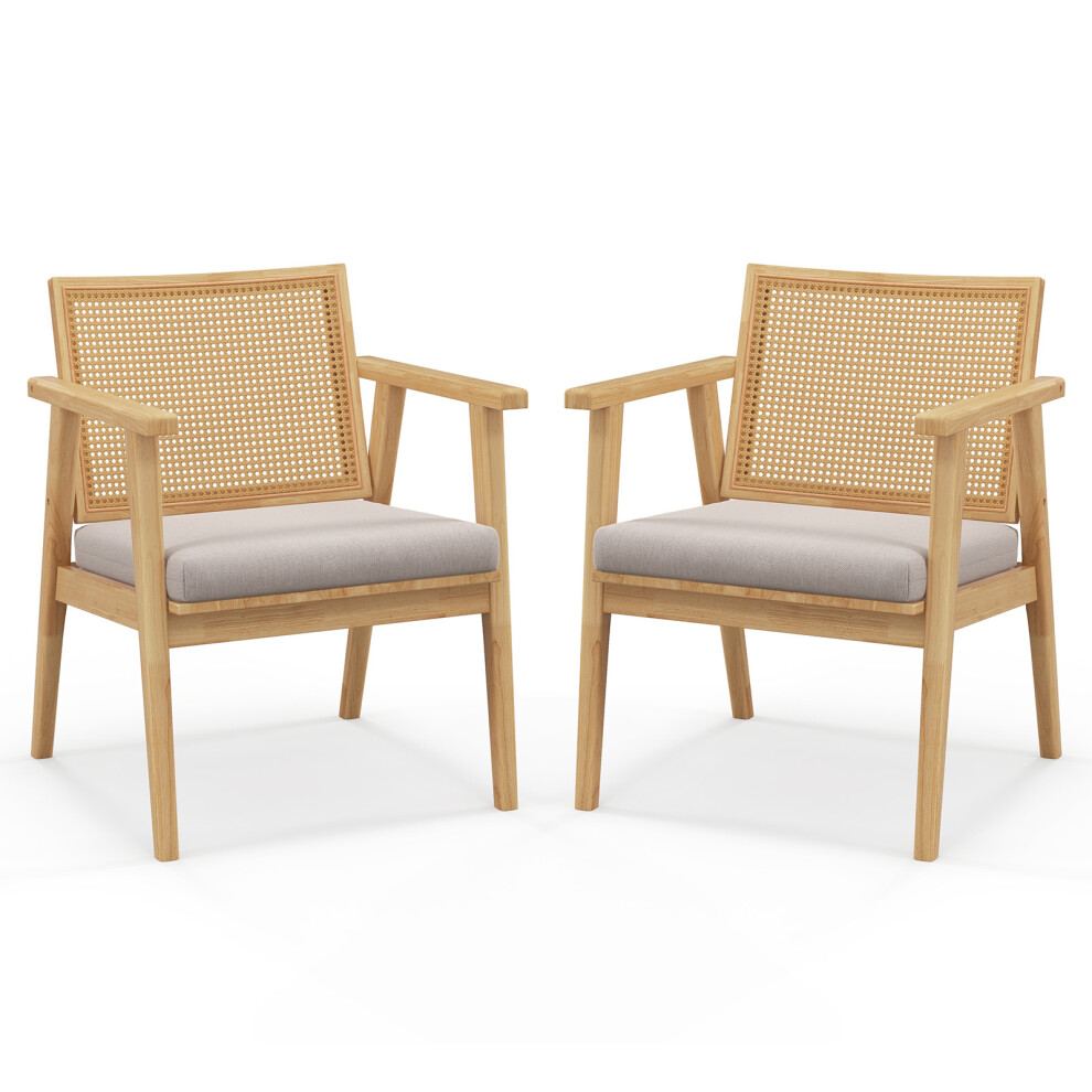 Set of 2 Rattan Accnet Chair Farmhouse Armchair W/ Upholstered Cushion