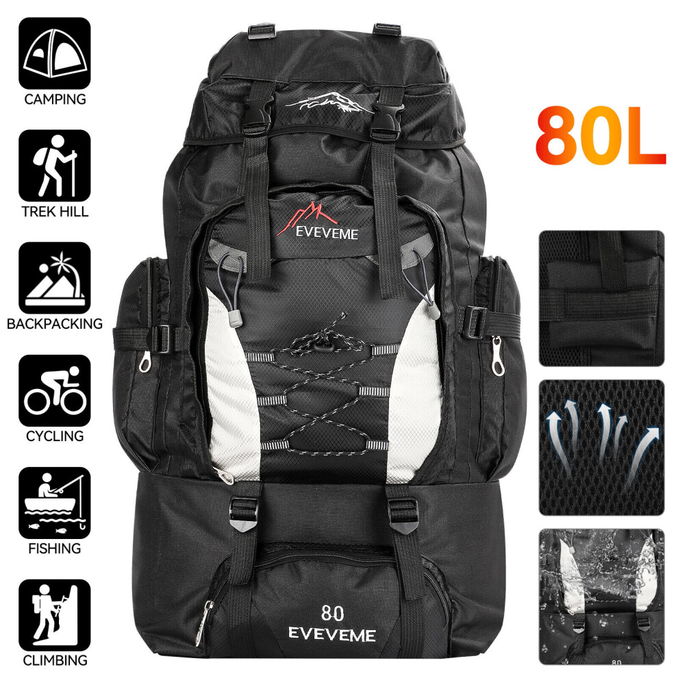 80L Extra Large Hiking Camping Backpack Rucksack Waterproof Travel Bag Black