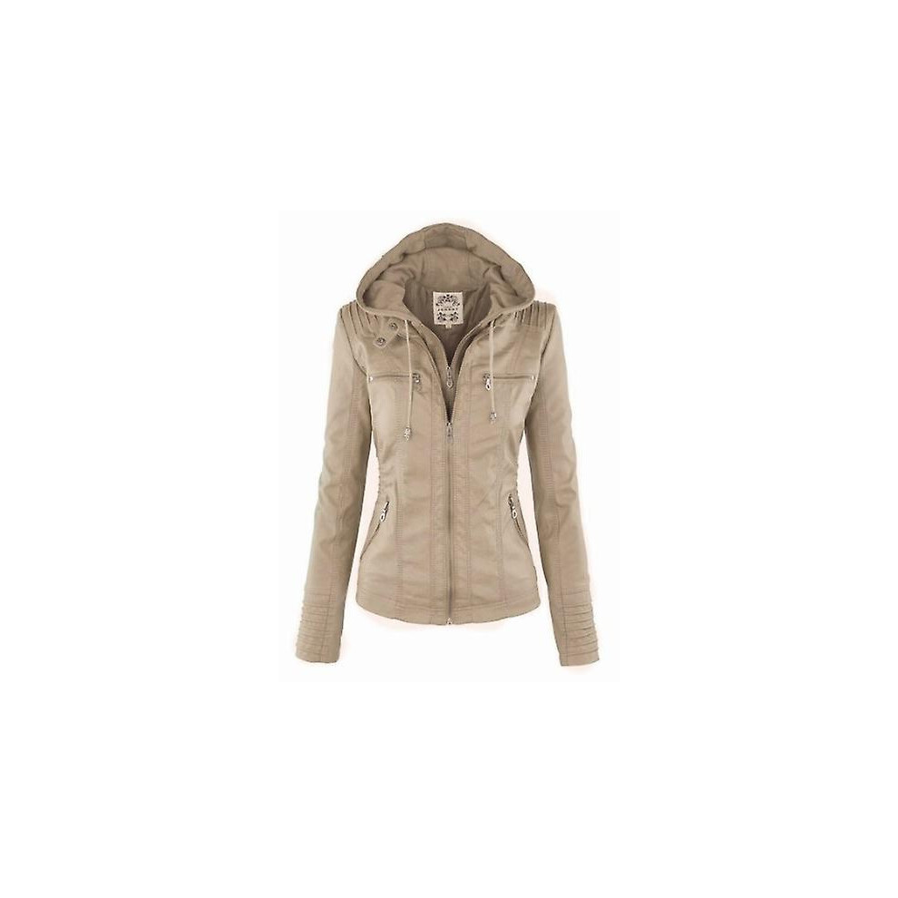 (Beige, S) Gothic Faux Leather Jacket Women Hoodies Winter Autumn Motorcycle Jacket Black Outerwear Faux Leather Pu Basic Jacket Coat
