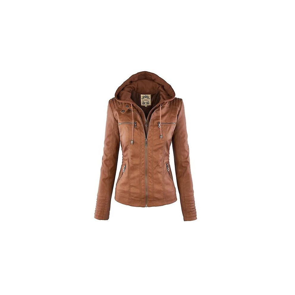 (Khaki, M) Gothic Faux Leather Jacket Women Hoodies Winter Autumn Motorcycle Jacket Black Outerwear Faux Leather Pu Basic Jacket Coat