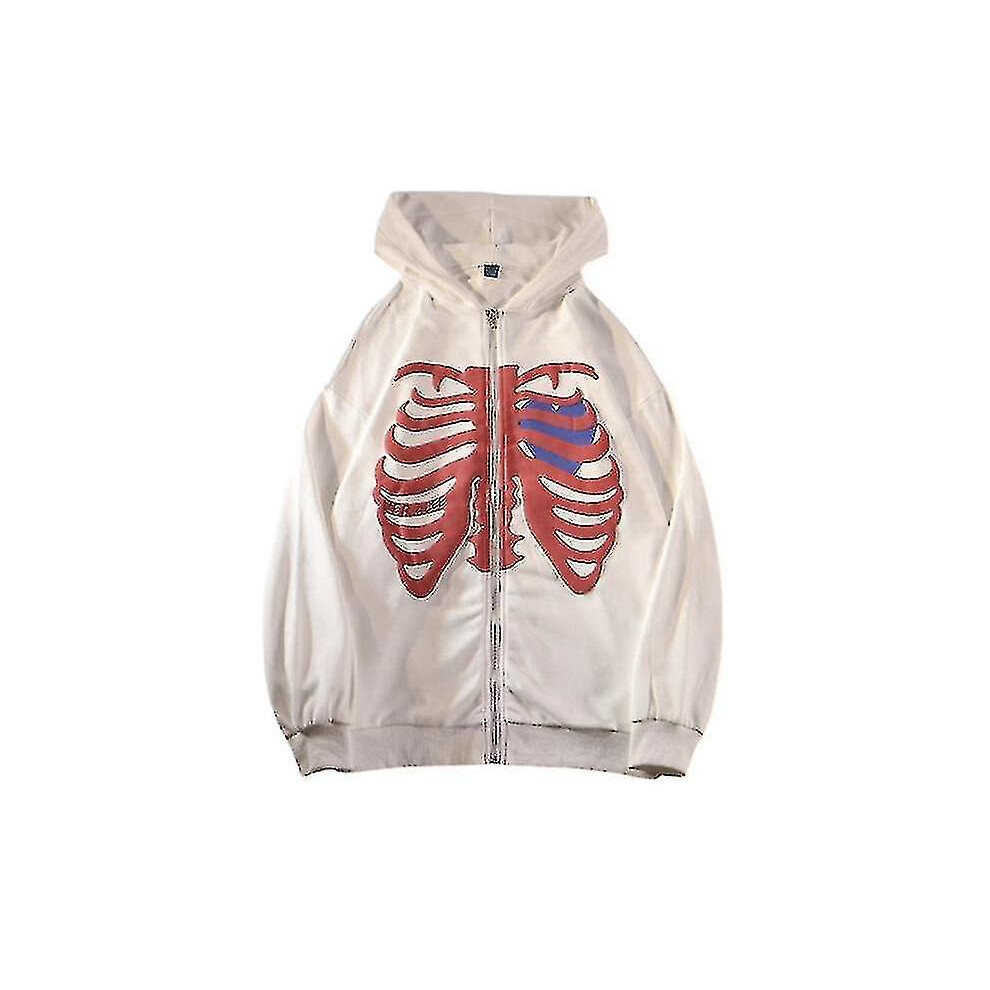 (White, XXL) Skeleton Zip Up Hoodie