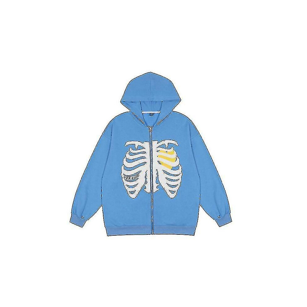 (Blue, M) Skeleton Zip Up Hoodie