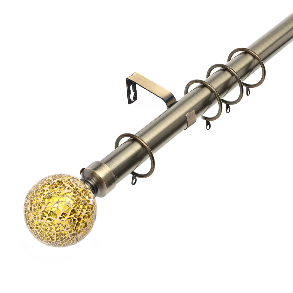 (240 cm, Antique Brass (Crackle Glass Finial)) Lister Cartwright 28mm Antique Brass Fixed Metal Curtain Pole Set Rings with Finial