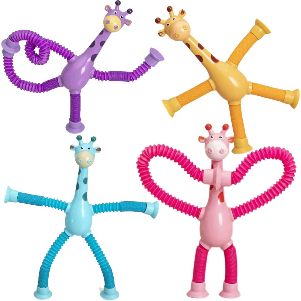 (Without lights) 4pcs Telescopic Suction Cup Giraffe Toy, Shape-changing Giraffe Telescopic Tube Cartoon Puzzle Suction Cup Parent-child Interactive D