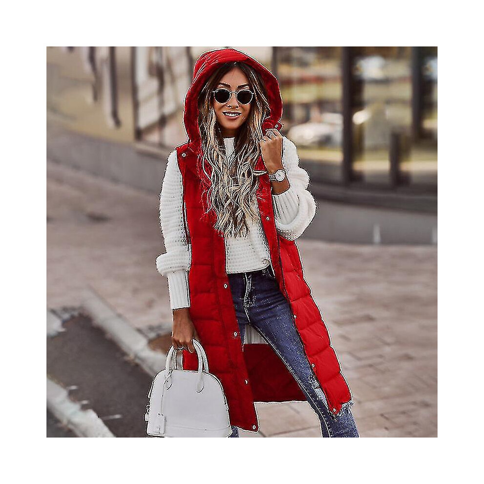 (, L) Womens Hooded Quilted Zip Up Gilet Waistcoat Padded Winter Vest Long Bodywarmer Red