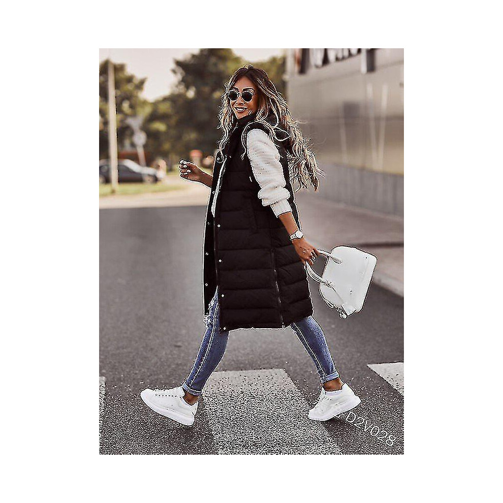 (, Xl) Womens Hooded Quilted Zip Up Gilet Waistcoat Padded Winter Vest Long Bodywarmer Black