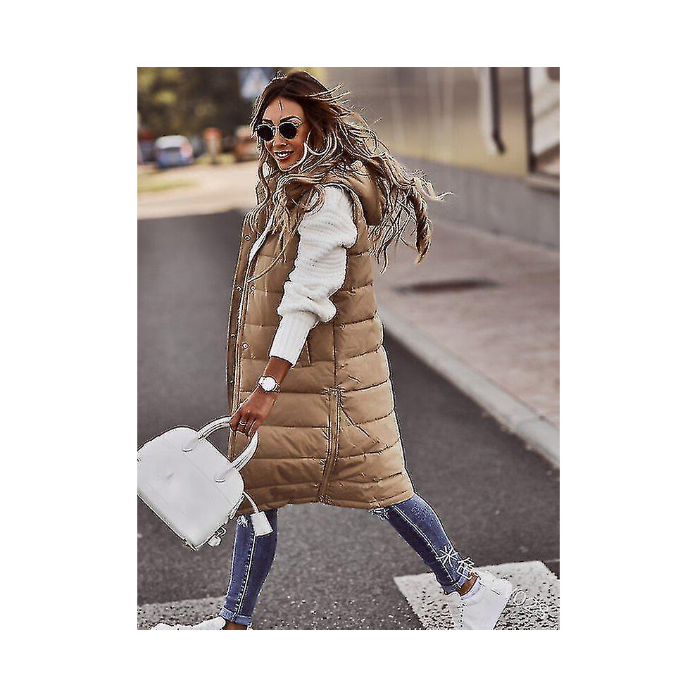 (Khaki, 5XL) Womens Hooded Quilted Zip Up Gilet Waistcoat Padded Winter Vest Long Bodywarmer Green