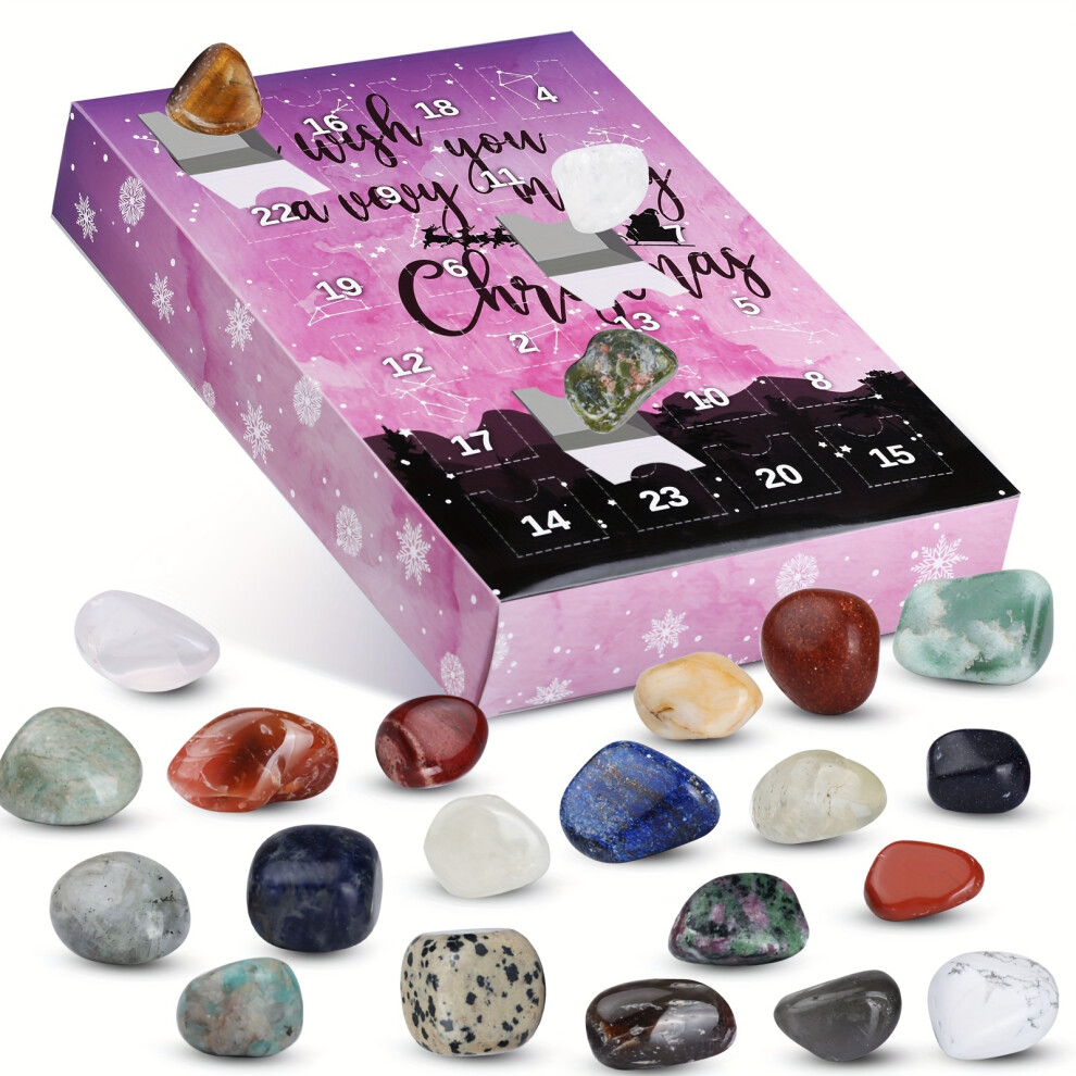 (Pink Purple, Large Stone) Christmas Gemstone Advent Calendar, 24 Natural Crystal Gemstones Stone