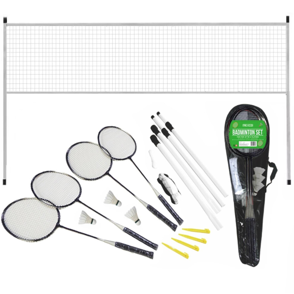 Rexco Badminton Set 4 Player Rackets Shuttlecocks Poles Net Bag Game