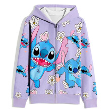 (7-8 Years) Kids Stitch 3d Printed Hoodies Full Zip Jacket Girls Boys Casual Loose Hooded Sweatshirt Outerwear Tops