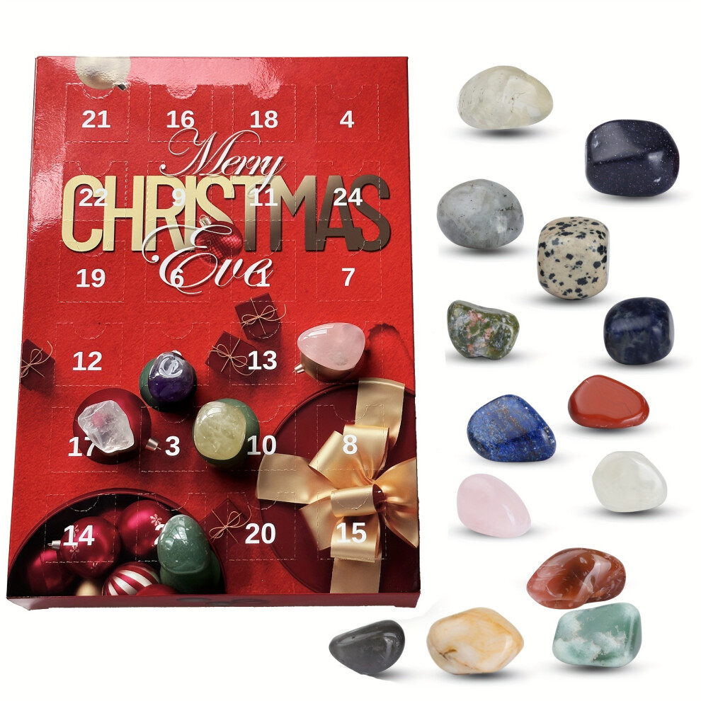 (Red Large) Christmas Gemstone Advent Calendar, 24 Natural Crystal Gemstones Stone