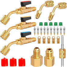 WADEO Air Conditioner Refrigerant Angled Ball Valve for R410A R134A R12 R22 AC HVAC with R410A Adapter, Vacuum Pump and R134A Refrigerant Tank