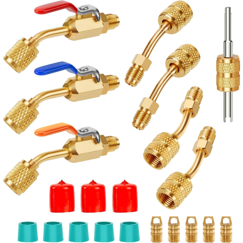 Wadeo Air Conditioning Refrigerant Angled Ball Valve Kit For R410a R134a R12 R22 Refrigerants, 18 Pieces Hvac Tools With R410a Refrigerant Adapter, 6935462221769