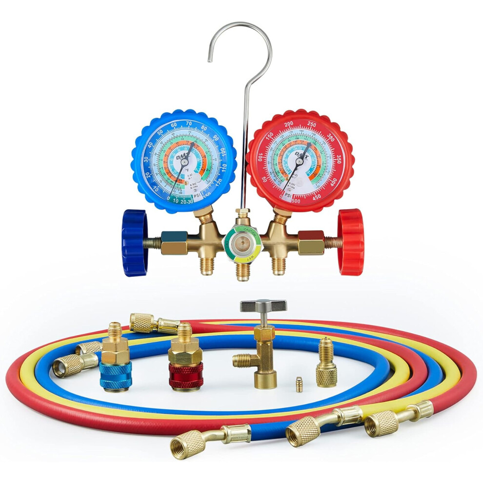 Orion Motor Tech AC Gauge, AC Manifold Gauge Set for R134a R12 R22 R502, 3 Way Automotive AC Gauge Set with Antishock Gauges Hoses Couplers & Adapter-image-OPC-PDXPPXQ-NEW