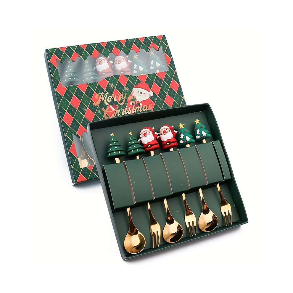 (6pcs Green Box Set A) 4/6Pcs Christmas Coffee Spoons Forks Set,Stainless Steel Spoon Forks Christmas Gifts