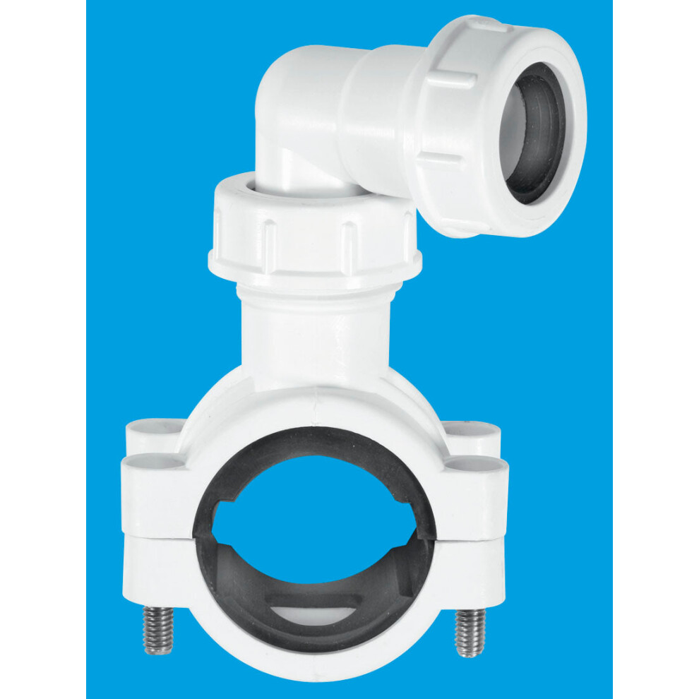 McAlpine Pipe Clamp 1.25''/1.5'' to 19/22mm with Bent Connector for Overflow Pipe   CLAMP1WH