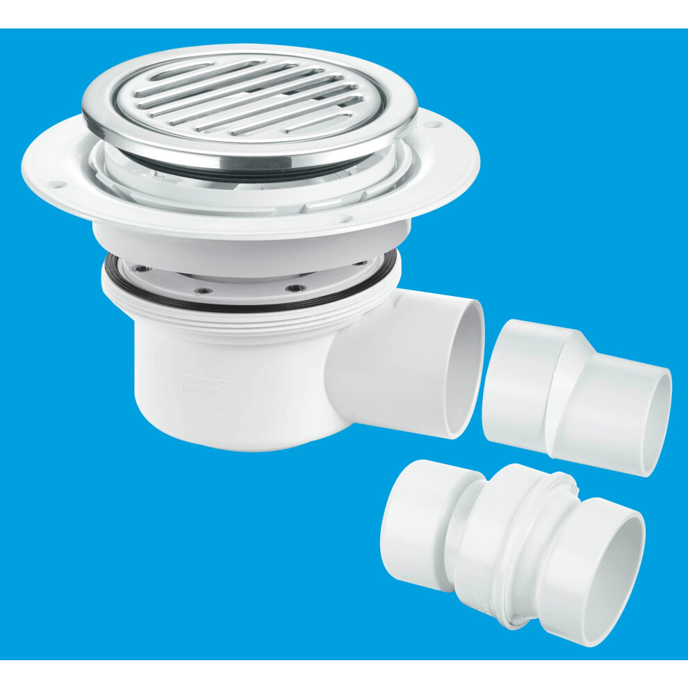 McAlpine TSG52-R125SS Two Piece 50mm Water Seal Trapped Gully, Tile/Grating with removable Grid, 2" Horizontal Outlet and 2" x 1½" Socket Reducer