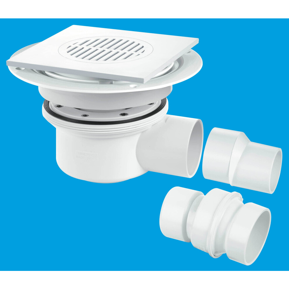 Mcalpine Tsg52t6wh Two Piece 50Mm Water Seal Trapped Gully, Tile/Grating With Removable Grid, 2" Horizontal Outlet And 2" X 1½" Socket Reducer