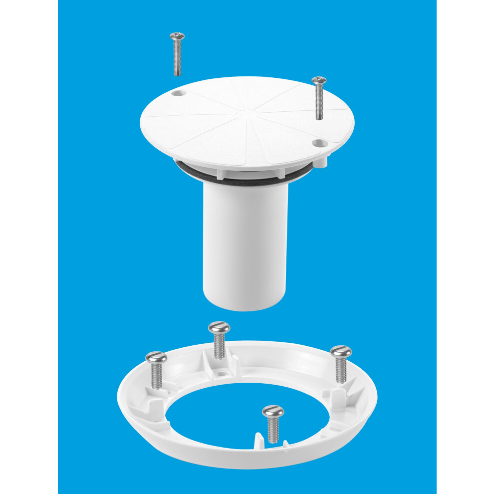 McAlpine TSGCONTV Conversion Kit To Convert Any TSG1 Or TSG2 Gully To A Sheet Flooring Gully With White Plastic Clamp Ring, Cover Plate And Dip Tube