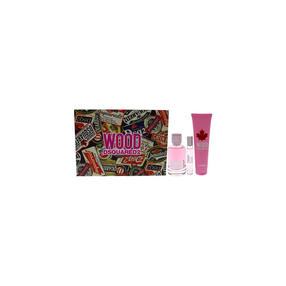 Dsquared2 Wood 3 Pcs Set For Women: 3.4 Eau De Toilette + 0.3 Eau De Toilette + 5 Oz Bath & Shower Gel