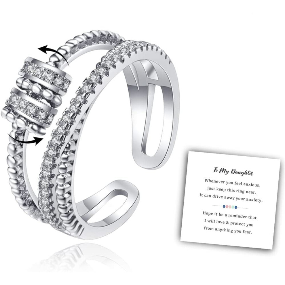 TFXNBKW To My Daughter - Fidget Ring, S925 Sterling Silver Adjustable Spinning Anxiety Bead Spinner Anxiety Ring for Girls (Silver)