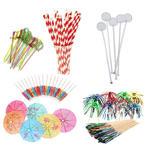 99 Piece Cocktail Party Decoration Drinks Accessory Pack with Umbrellas, Sparkle Sticks, Stirrers and Biodegradable Straws NYE