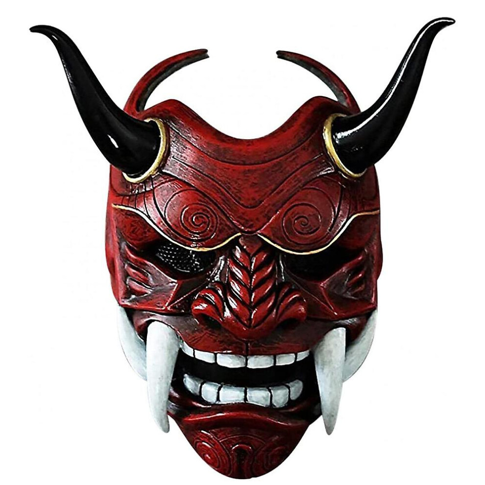 (Red) Samurai Hannya Oni Latex Cosplay Mask Japanese Scary Monster Kabuki Samurai Demon Headgear Halloween Masquerade Party Costume Props Red