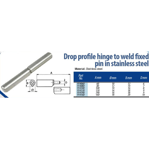 Hinge 80mm Stainless drop profile weldable fixed pin - 1pair - 2pcs 2