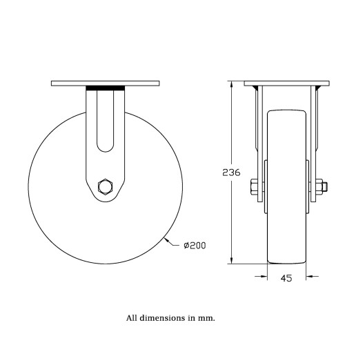 Parnells Roulette fixe de 200 mm avec roue en fonte grise 1
