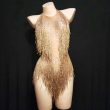 (Gold, S) Sparkly Party Romper Crystals Fringes Bodysuit Sexy Tassel Leotard Jazz Dance Costume Stage Wear Dancer Performance Show Cloth