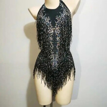 (Black, M) Sparkly Party Romper Crystals Fringes Bodysuit Sexy Tassel Leotard Jazz Dance Costume Stage Wear Dancer Performance Show Cloth