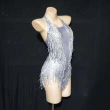 (Gray, M) Sparkly Party Romper Crystals Fringes Bodysuit Sexy Tassel Leotard Jazz Dance Costume Stage Wear Dancer Performance Show Cloth