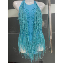 (Blue, M) Sparkly Party Romper Crystals Fringes Bodysuit Sexy Tassel Leotard Jazz Dance Costume Stage Wear Dancer Performance Show Cloth