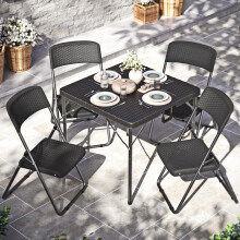 80cm Black Square Rattan Folding Table 4 Folding Chairs