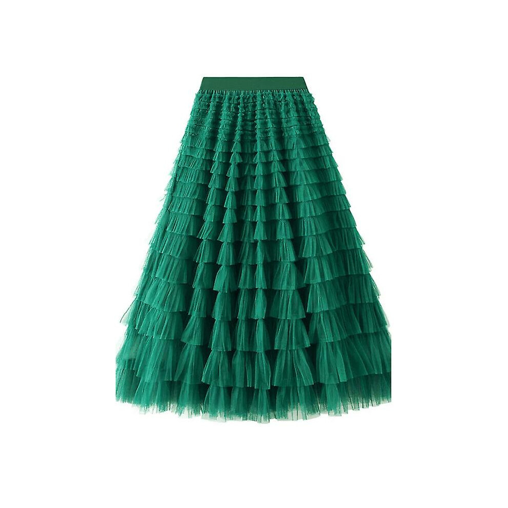 (Dark ) Tiered Elastic Waist Tulle Maxi Skirt Green