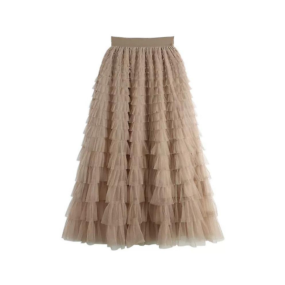 (Khaki) Tiered Elastic Waist Tulle Maxi Skirt