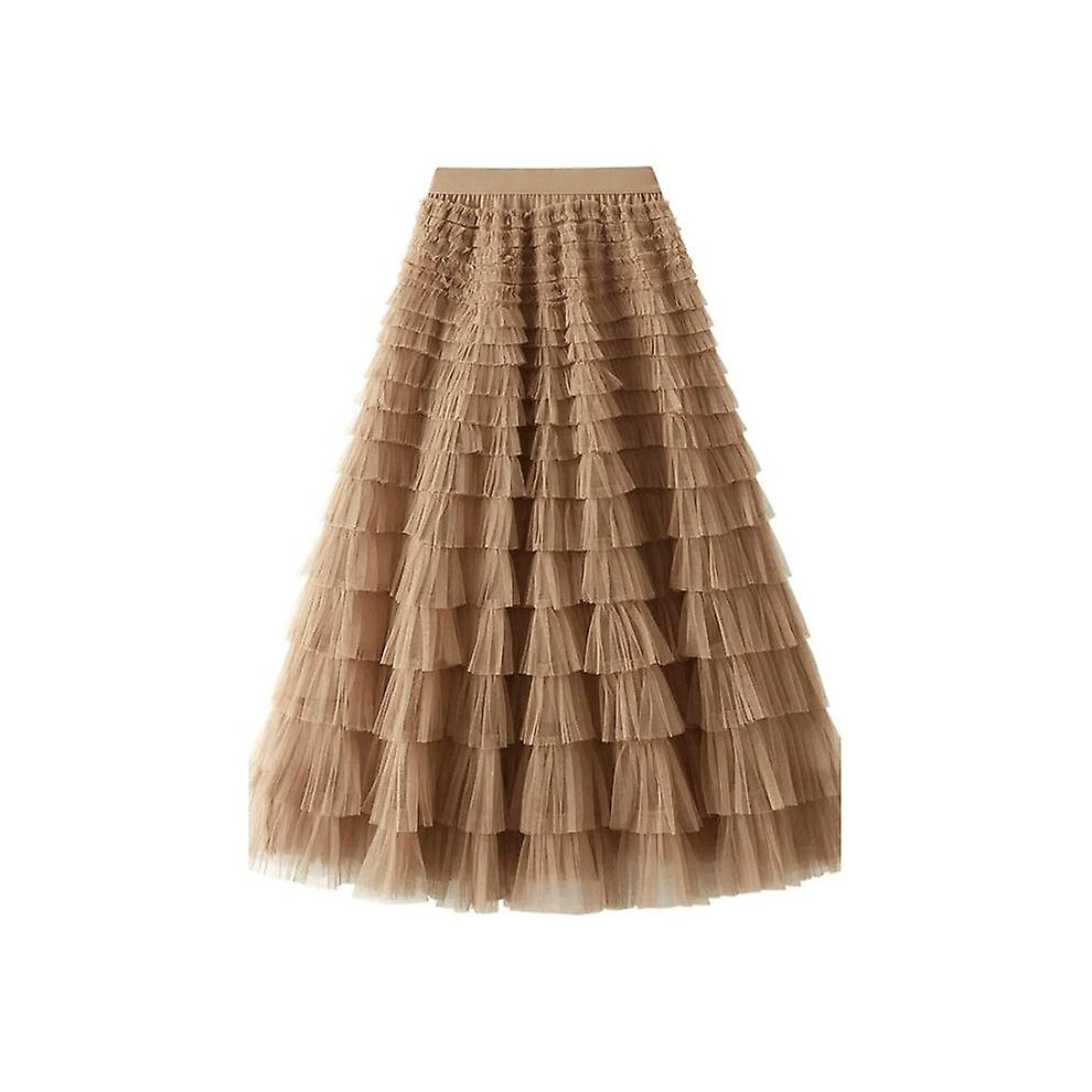 (Brown) Tiered Elastic Waist Tulle Maxi Skirt Brown