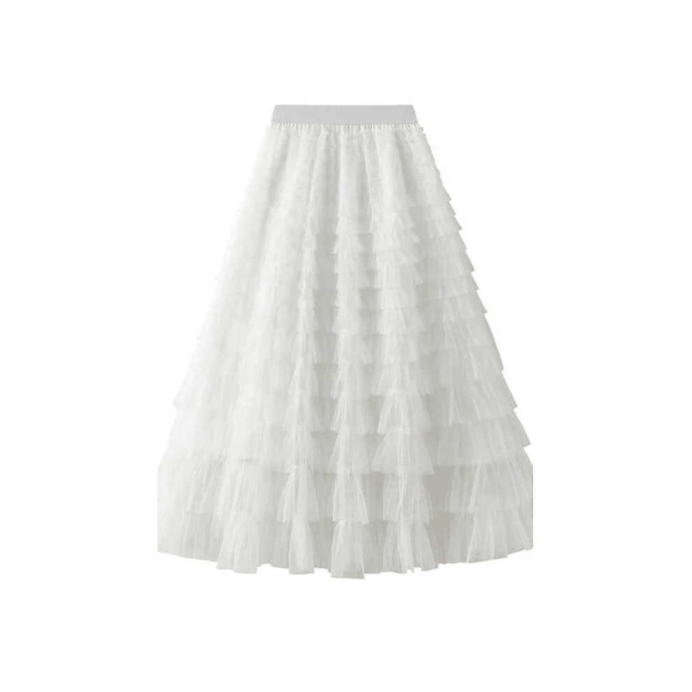 (White) Tiered Elastic Waist Tulle Maxi Skirt
