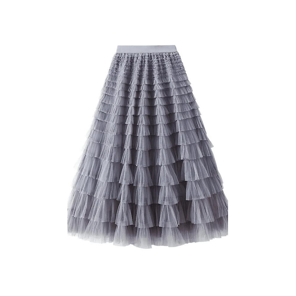 (Gray) Tiered Elastic Waist Tulle Maxi Skirt Gray