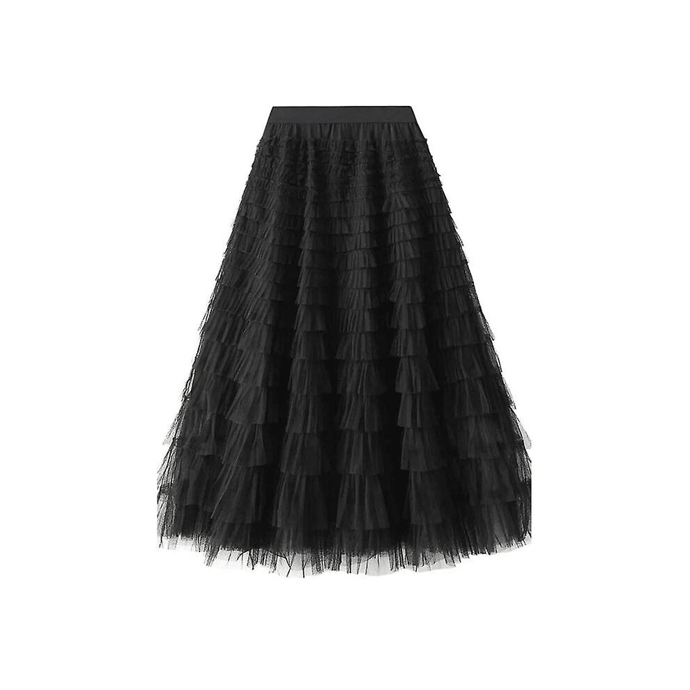 (Black) Tiered Elastic Waist Tulle Maxi Skirt Black