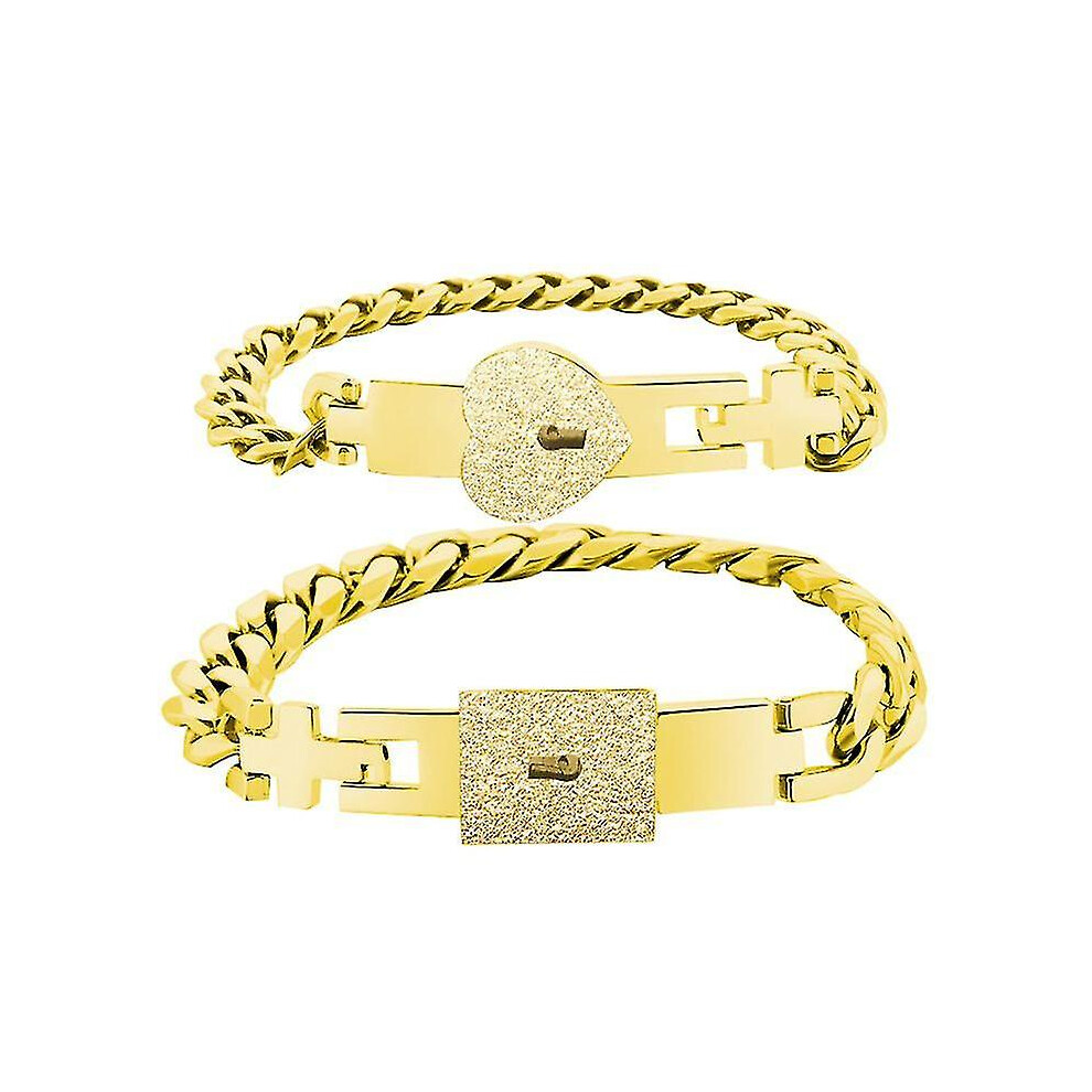 (Gold) 2pcs Stainless Steel Lover Heart Love Lock Bracelet With Lock Key Bangles Kit Couple Jewelry Sets Gift