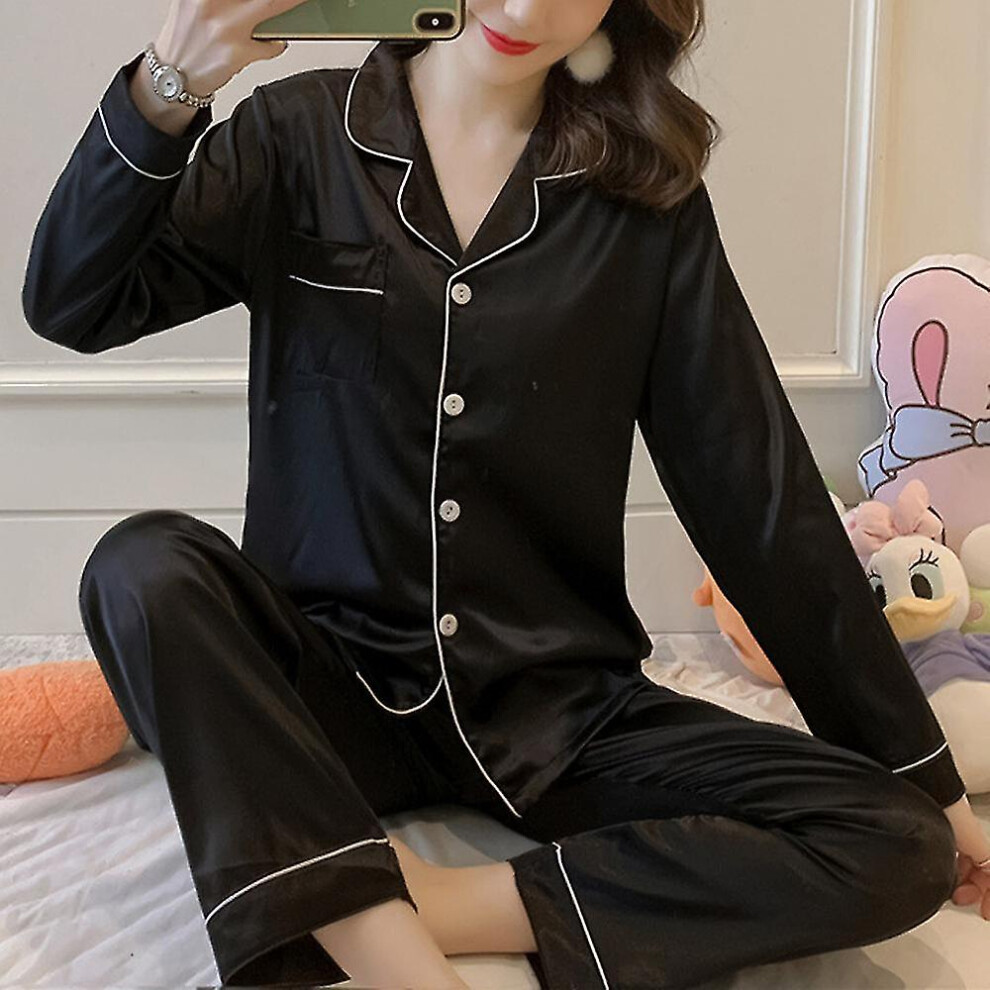 (Black, 3XL) Women Satin Silk Look Sleepwear Pyjamas Long Sleeve Nightwear Set