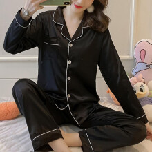 (Black, M) Women Satin Silk Look Sleepwear Pyjamas Long Sleeve Nightwear Set