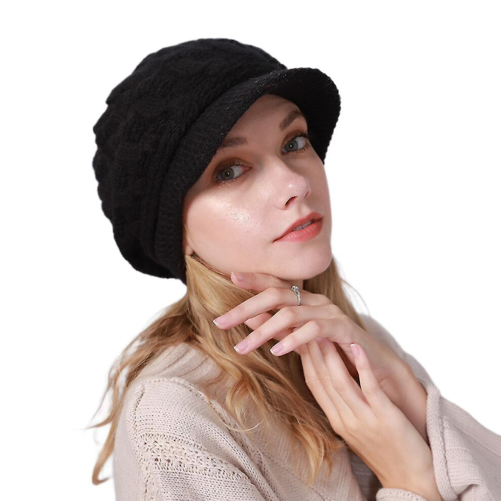 (Black) Womens Winter Beanie Hat Warm Knitted Slouchy Wool Hats Cap With Visor Black
