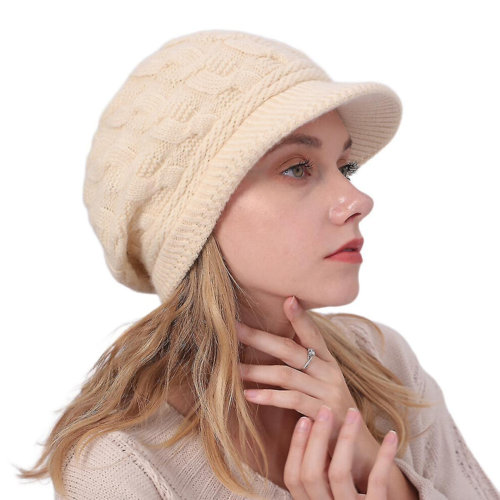 (Beige) Womens Winter Beanie Hat Warm Knitted Slouchy Wool Hats Cap With Visor