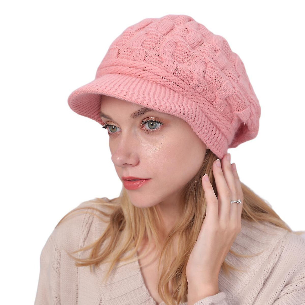 (Pink) Womens Winter Beanie Hat Warm Knitted Slouchy Wool Hats Cap With Visor Pink