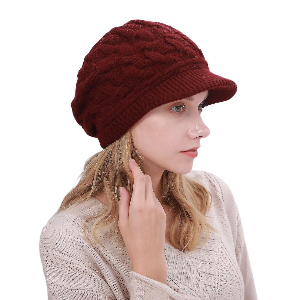 (Dark ) Womens Winter Beanie Hat Warm Knitted Slouchy Wool Hats Cap With Visor Red